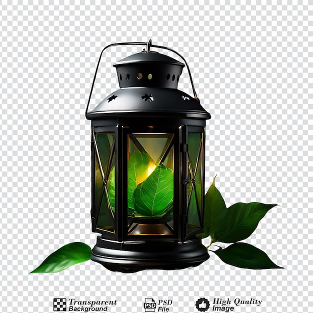 a black lantern with a green leaf isolated