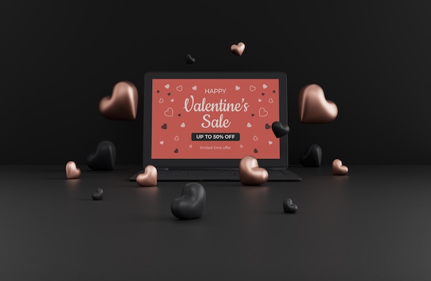 PSD black laptop mockup  with black and gold hearts  in valentines day