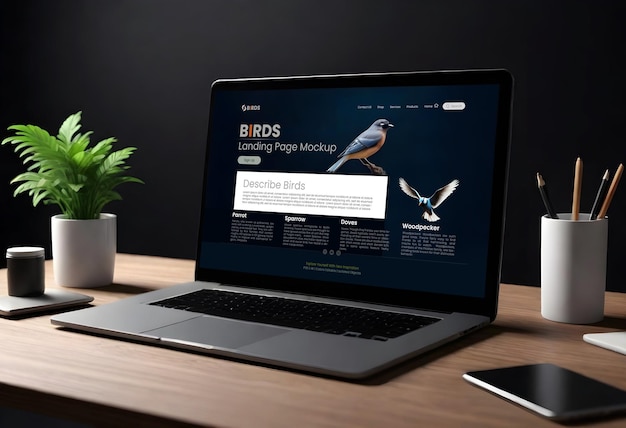 Black laptop in wooden desk with dark blue birds and pets website presentation mockup isolated