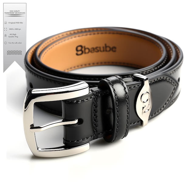 PSD black leather belt with a silvertone buckle and adjustable fit on a transparent background