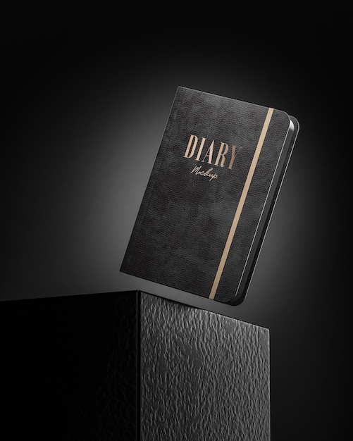 Black leather luxury diary floating logo product mockup on black background 3d render