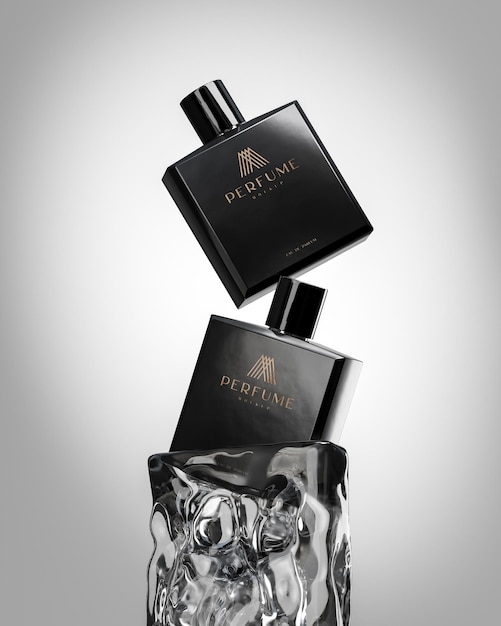 Black luxury perfumes floating logo product mockup on white background 3d render