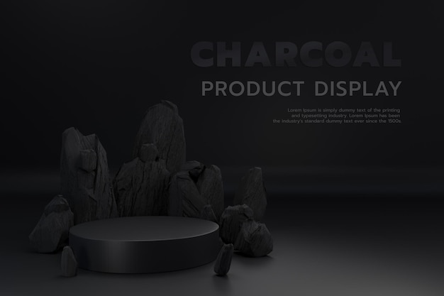 Black luxury podium pedestal for product showcase background decorated with charcoal, 3d rendering