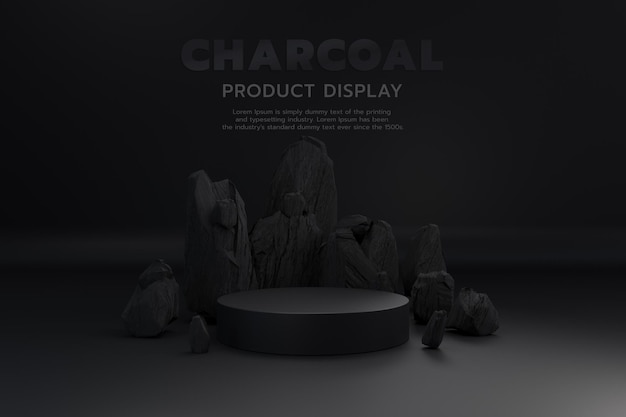 Black luxury podium pedestal for product showcase background decorated with charcoal, 3d rendering