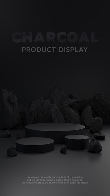 Black luxury podium pedestal for product showcase background decorated with charcoal, 3d rendering