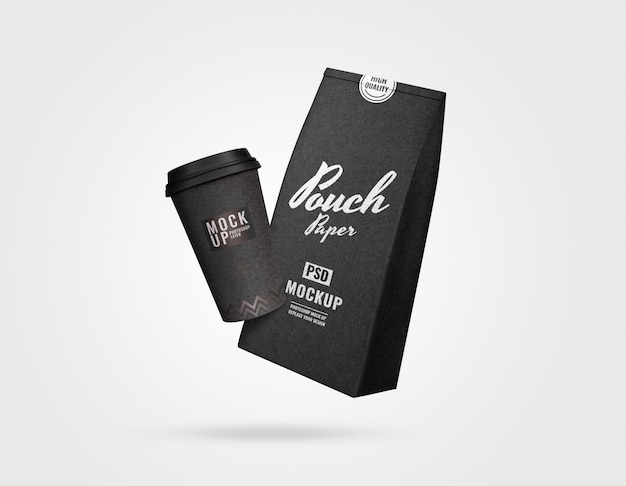 Black luxury pouch and cup of coffee mockup