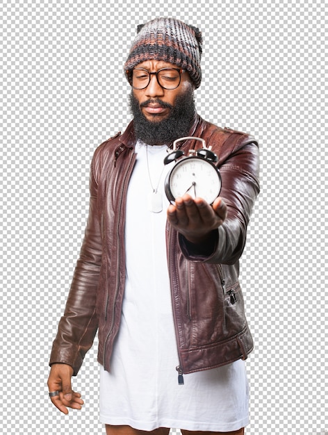 Black man holding an alarm clock