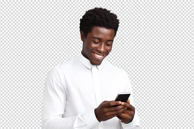 black man looking at phone standing isolated on a transparent background