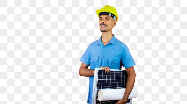 Black Man in Safety Helmet and Blue Shirt isolated Engineer Holding Photovoltaic Solar Panel