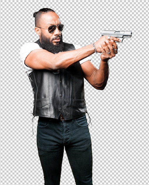 Black man using a pop gun