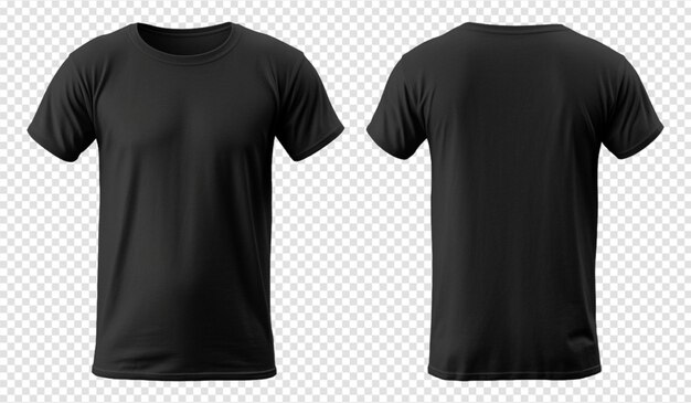 black mens tshirt mockup template with front and back views isolated on transparent background