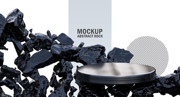 Black metallic circles stand showcase surrounded by black metallic rocks, Abstract mock-up