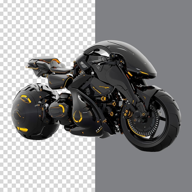 a black motorcycle with a yellow design on the front and the back wheel is shown