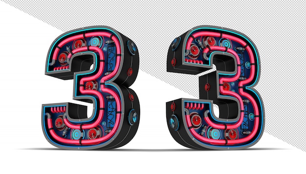 Black Number with Red and blue Neon light 3d rendering illustration.