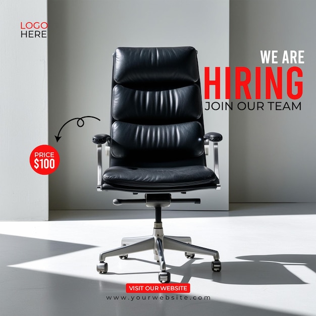 PSD a black office chair with the words we are hiring on it