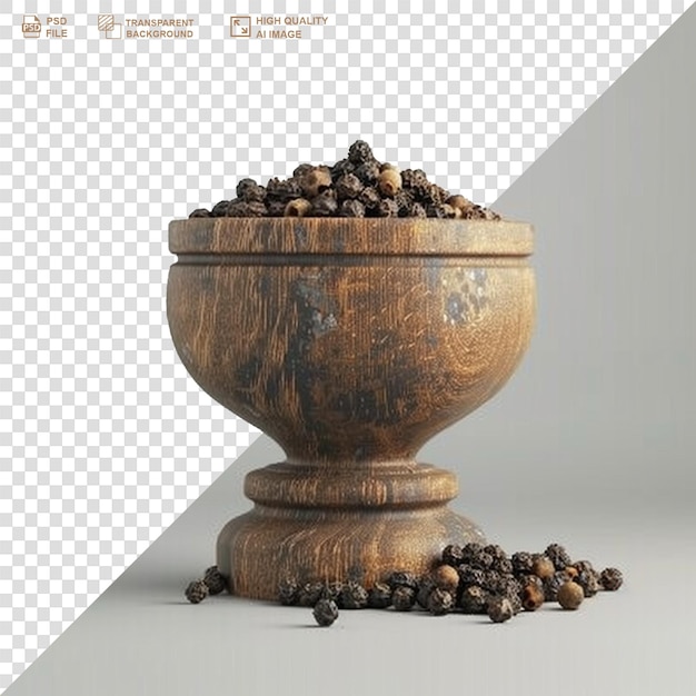 Black pepper in wooden bowl isolated on transparent background