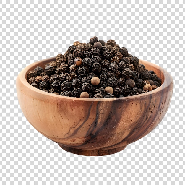 PSD black peppercorns in a wooden bowl isolated on a transparent background