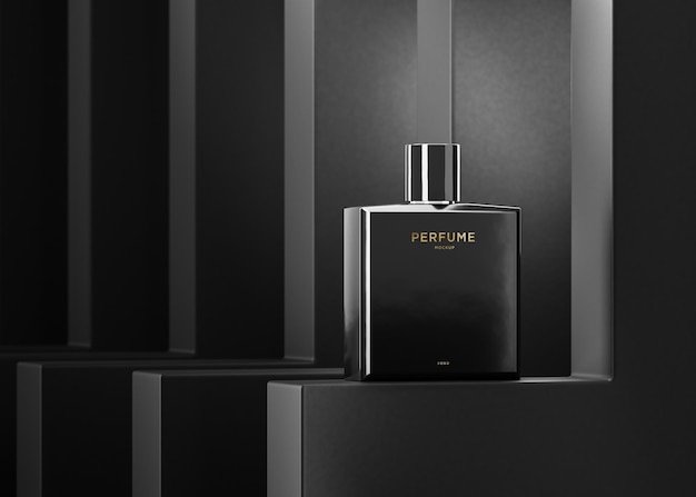 Black perfume bottle logo mockup for brand identity 3d render