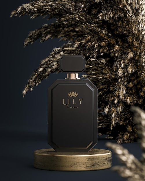 Black perfume bottle logo mockup for brand presentation on black background 3d render