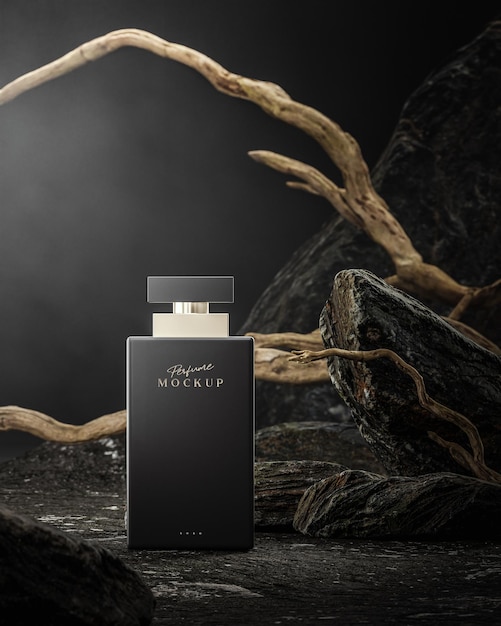 Black perfume bottle luxury logo mockup for brand presentation on rocky background 3d render