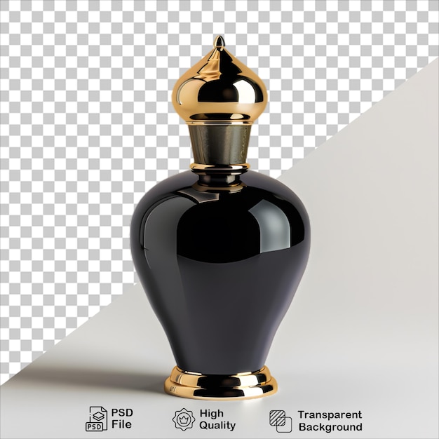 a black perfume bottle with gold accents isolated on transparent background