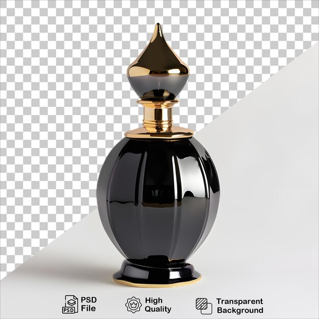 a black perfume bottle with a gold cap on it