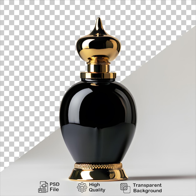 a black perfume bottle with gold top and a black bottle of perfume on the bottom