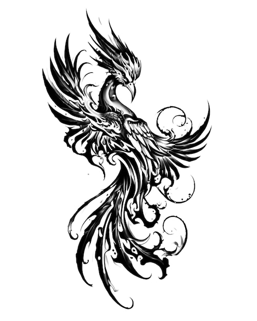 PSD black phoenix tattoo design in dark style