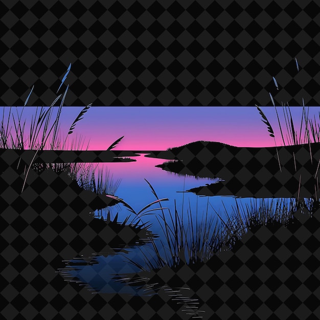 PSD a black and pink sunset with reeds in the water