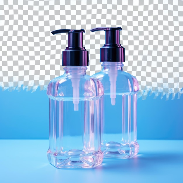 Black plastic bottles with pumps for liquid solutions on transparent background