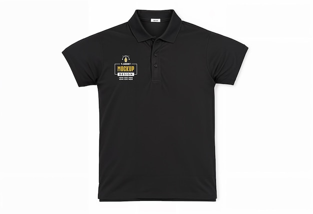 a black polo shirt with a yellow logo on the front