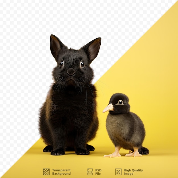 a black rabbit and duck are standing next to each other.