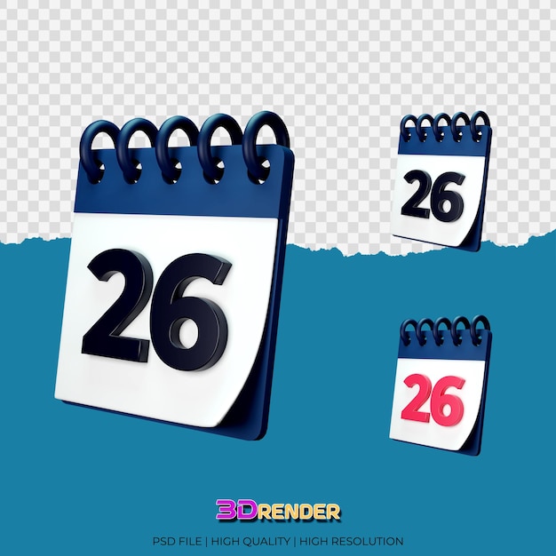 Black and red 26th date calendar Illustration 3d rendering