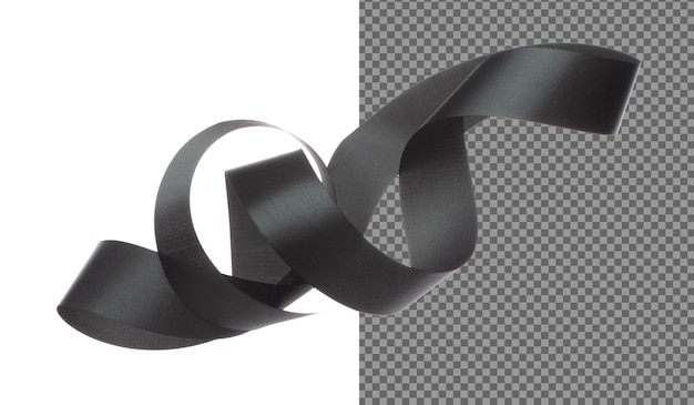 PSD black ribbon long straight fly in air with curve roll shiny black ribbon for present gift birthday party to wrap around decorate and make of textile cloth long straight white background isolated