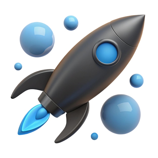 PSD a black rocket with blue circles and blue bubbles on it