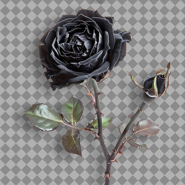 PSD black rose with sturdy straight branch covered in large show isolated branch on clean background