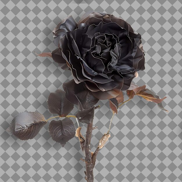 PSD black rose with sturdy straight branch covered in large show isolated branch on clean background