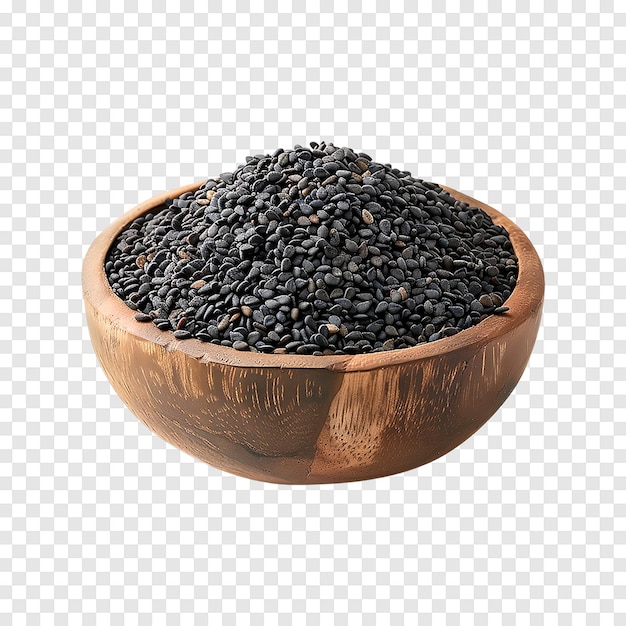 PSD black sesame seeds in wooden bowl isolated on a transparent background generative ai