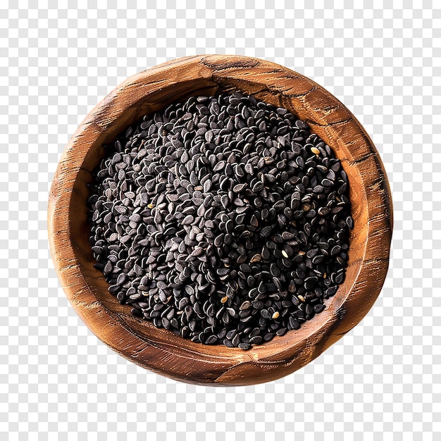 PSD black sesame seeds in wooden bowl isolated on a transparent background generative ai