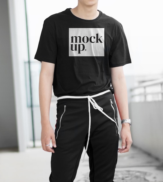 Black shirt mockup with street fashion model