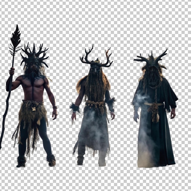 PSD a black silhouette of a sinister trio of shamans transparent background