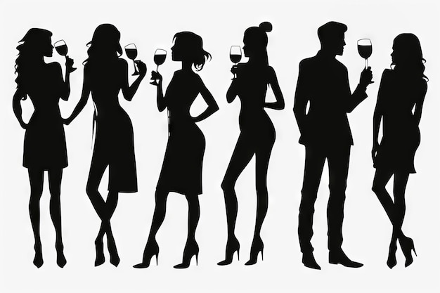 PSD black silhouettes of women and a man having a glass of wine