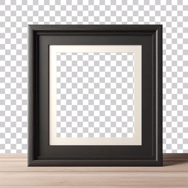 Black simple picture frame on wooden floor isolated on a transparent background