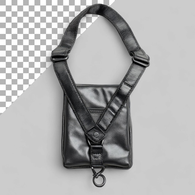 PSD black sling bag strap isolated on transparent background top view