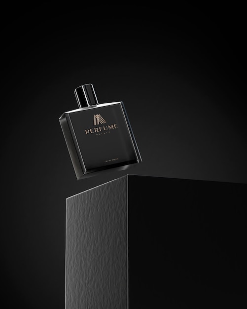 Black square perfume floating logo product mockup on black background 3d render