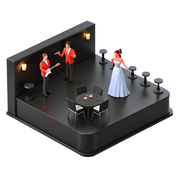 a black stage with a couple on it and a table with lights on it