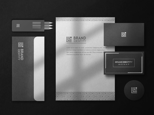 Black Stationery mockup set with top view