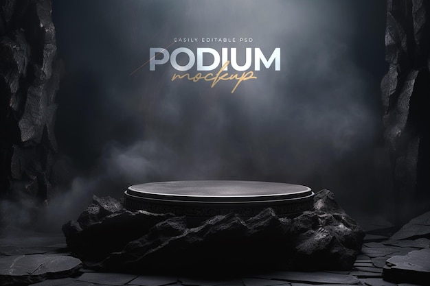 Black stone blank podium mockup for product presentation with cinematic smoky background