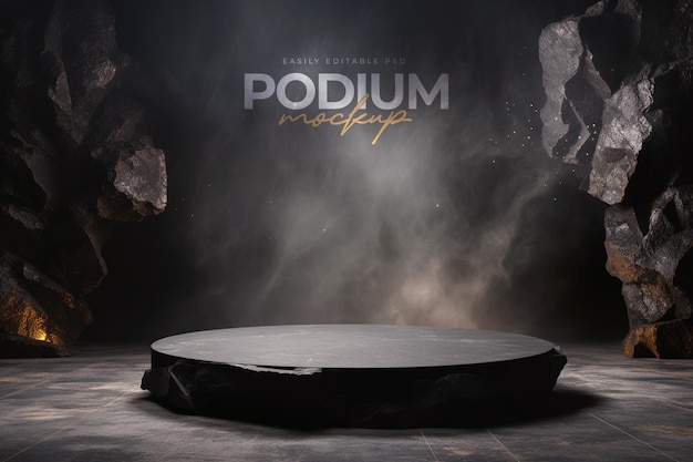 Black stone podium mockup with cinematic environment effect