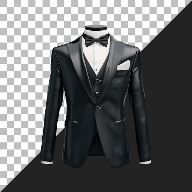 PSD a black suit with a white shirt and bow tie on it